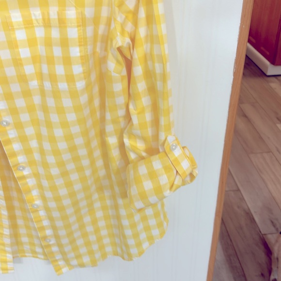 Long sleeve yellow and white check button down top. - Picture 5 of 5